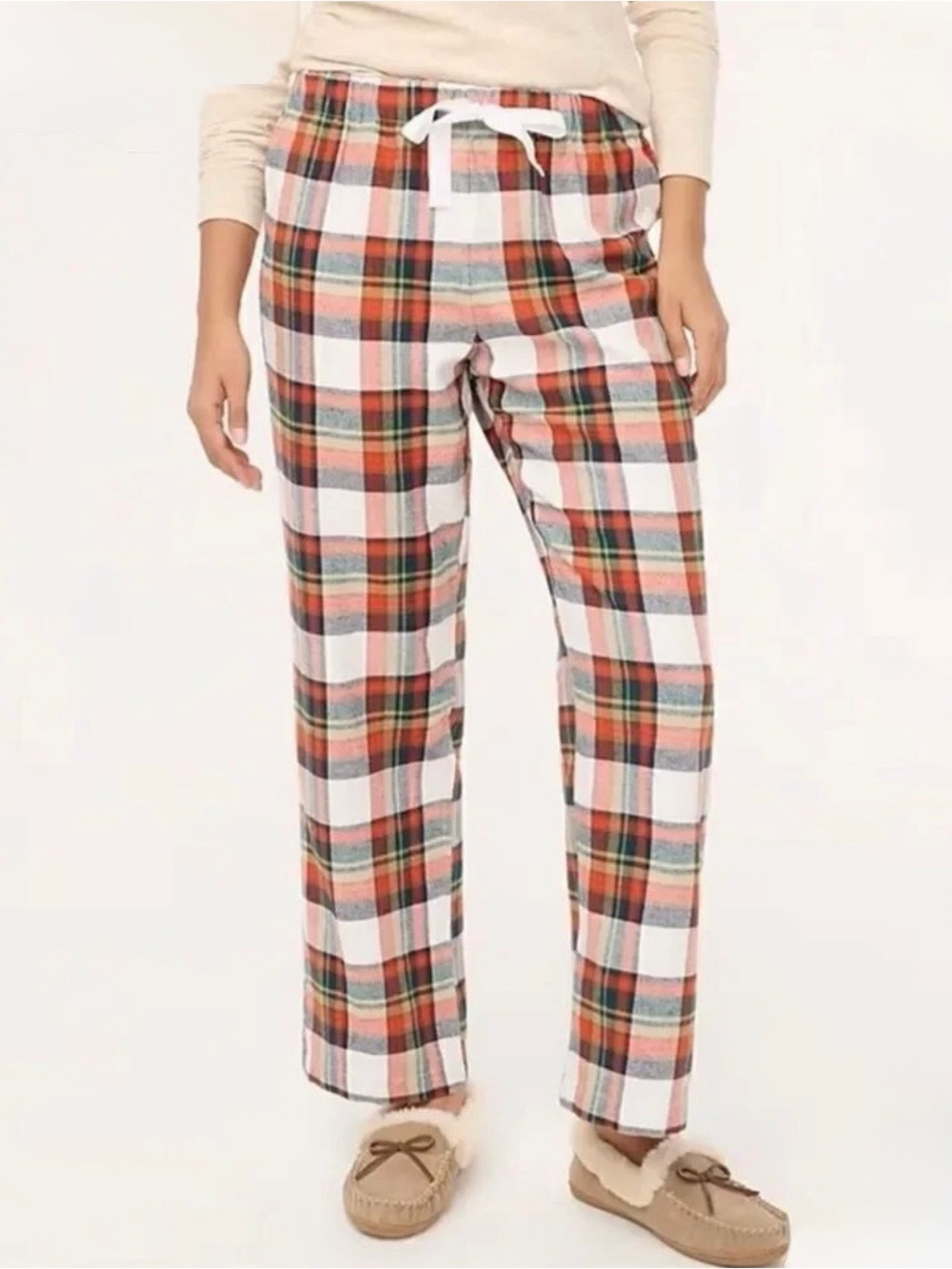 J.Crew M Ivory Multi Printed Christmas Holiday Plaid Flannel PJ Pants